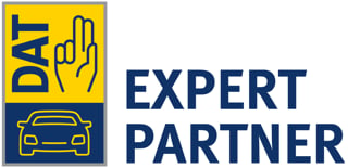 DAT Expert Partner logo with hand stop gesture and car outline icon on blue and yellow background